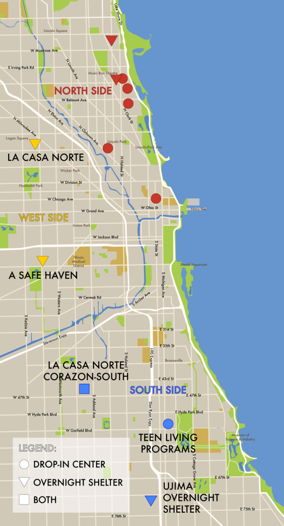 The above map shows the major drop-in centers (daytime) and overnight shelters (nighttime) on the South and West Sides, as well as the locations of the shelters and centers on the North Side. Most drop-in centers are open four or five days a week, most shelters all seven days. The map does not include transitional housing locations. (Wei Yi Ow)