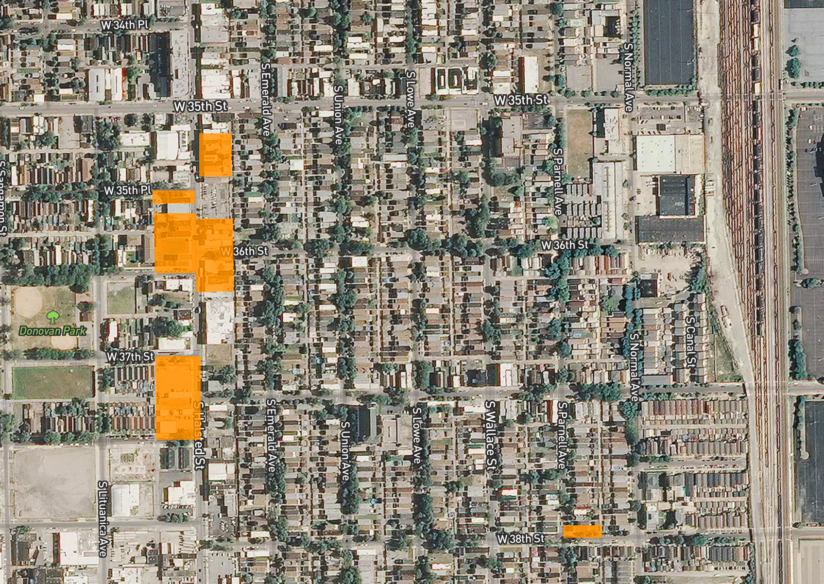 These highlighted properties would have their zoning changed from mixed-use commercial to residential, if Alderman Thompson’s ordinances are passed by City Council. Three salons are located in the northernmost parcel, while the other parcels include vacant storefronts, a manufacturing business, vacant lots, and a stray multifamily residential unit to the west, at 3759 S. Parnell. (Data interpreted from the proposed ordinances by Chicago Cityscape; map by Jasmine Mithani)