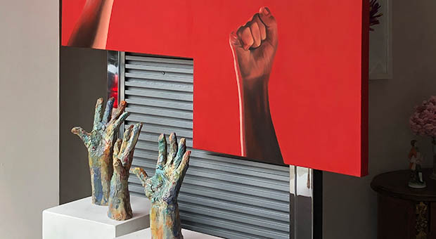 Pandemograms_“Arise” paintings by T.C. English-Dumont, “Open Hands” ceramic sculptures by Robin Power. Photo: Courtesy of Beverly Area Arts Alliance