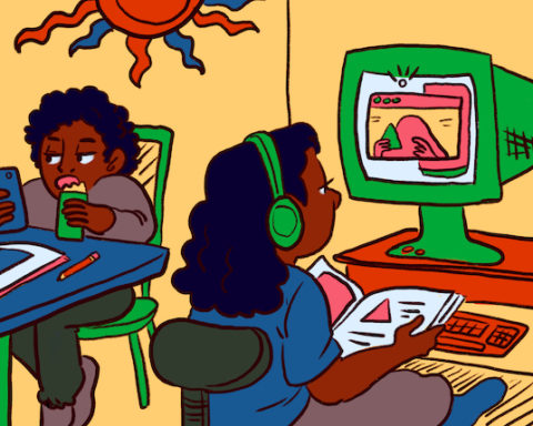 An illustration of two children at desktop computers for remote schooling.