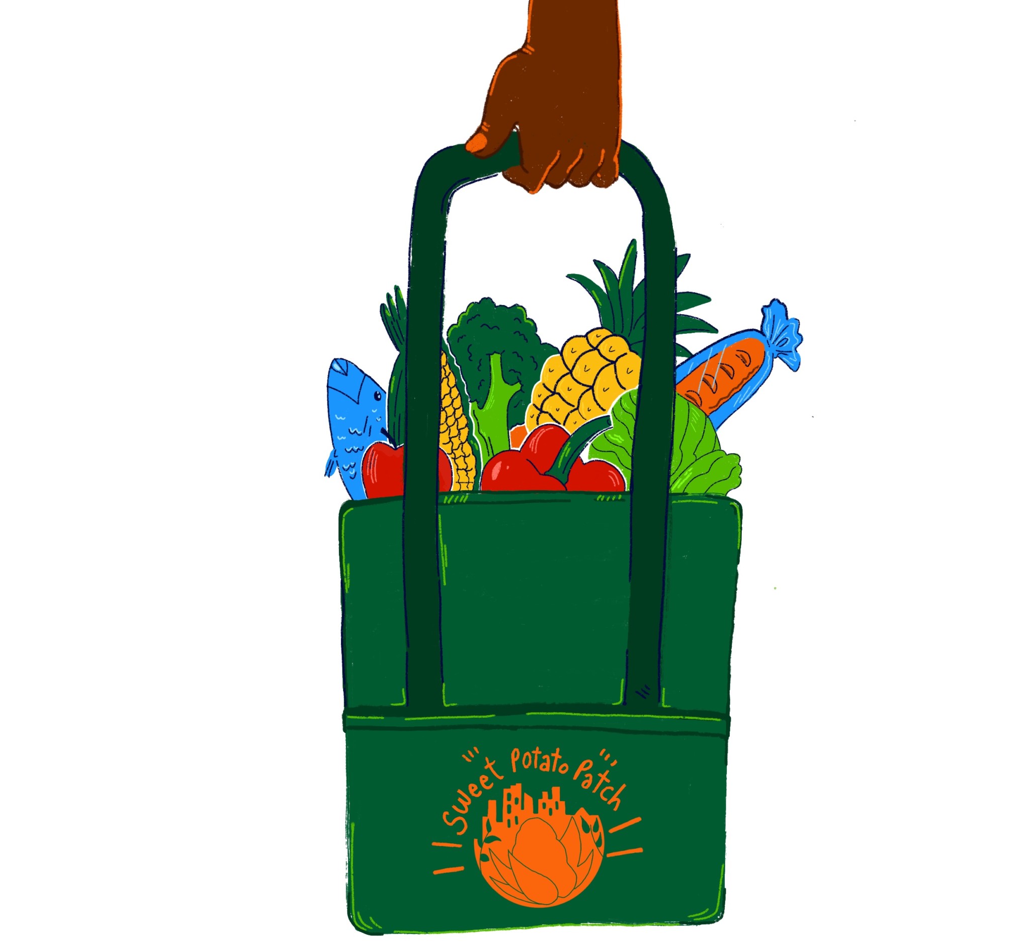 Illustration of a canvas grocery bag full of fresh food.