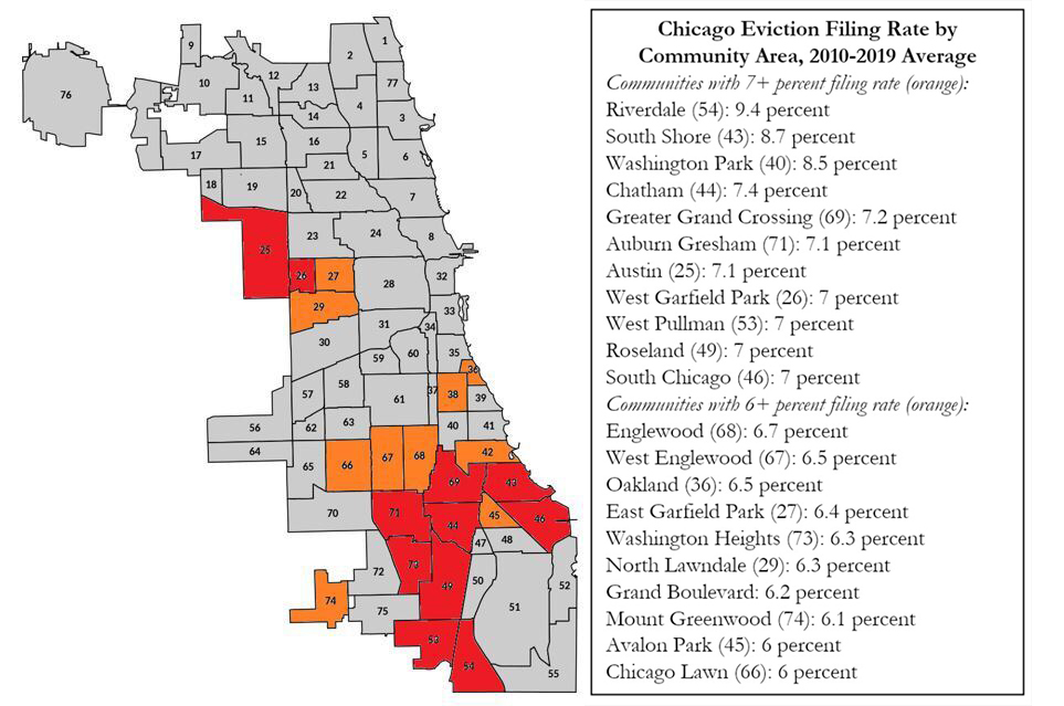Chicago Eviction Filing Rate by Community Area, 2010-2019 Average