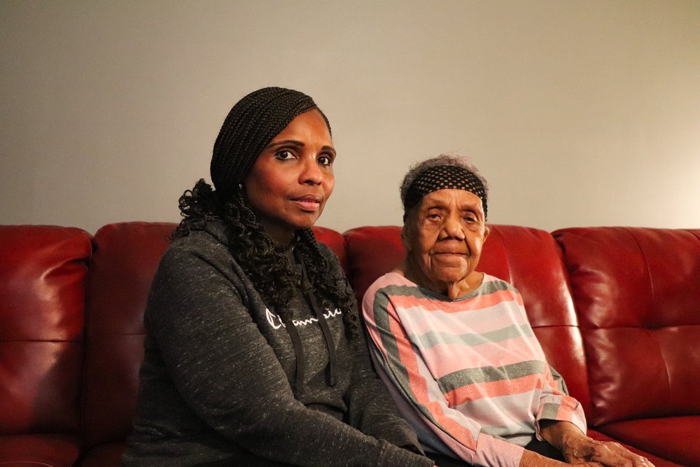 Kimberly Turner and her grandmother, Marion Turner, at the Woolman-Washington housing cooperative, where they both live in separate apartments. Marion, 93, was a part of the original cohort that started the cooperative in the early 1980s. (Photo:Grace Del Vecchio/City Bureau)