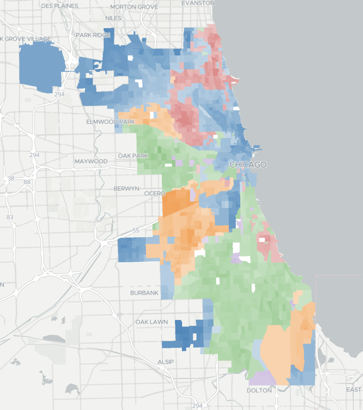 Screenshot of the municipal election results for Chicago mayor. Map produced by Pat Sier for South Side Weekly.