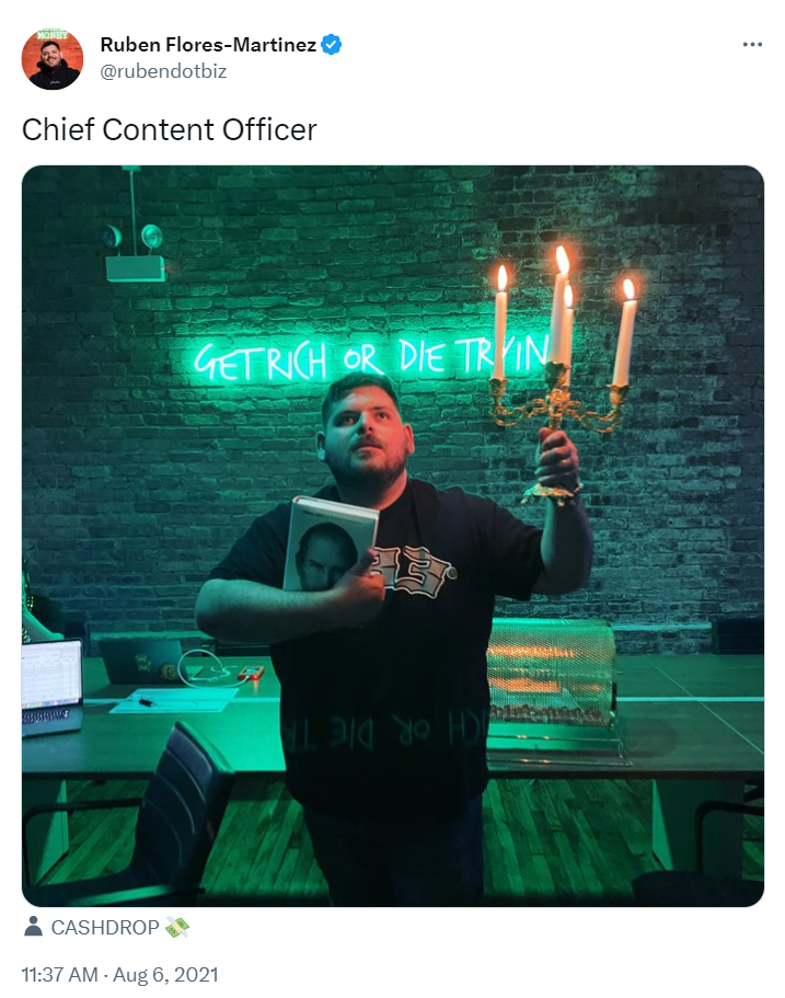 Inside the South Loop office of Latino-founded tech start-up CashDrop, CEO Ruben Flores-Martinez poses in front of a neon green sign that reads, “Get Rich or Die Trying,” while holding a Steve Jobs biography. The sign seems to represent a work culture that former employees say has become toxic and exploitative.